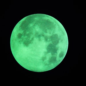 May include: A circular object featuring a detailed, textured surface in shades of bright neon green and dark forest green, resembling the cratered appearance of a full moon, set against a solid, deep black background with no other visible elements.