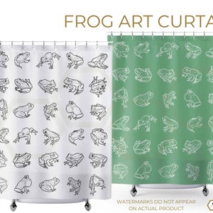 May include: Two shower curtains with a repeating pattern of white outline frogs on a green and white background. The text "FROG ART CURTAIN" is at the top of the image. The text "WATERMARKS DO NOT APPEAR ON ACTUAL PRODUCT" is at the bottom of the image.