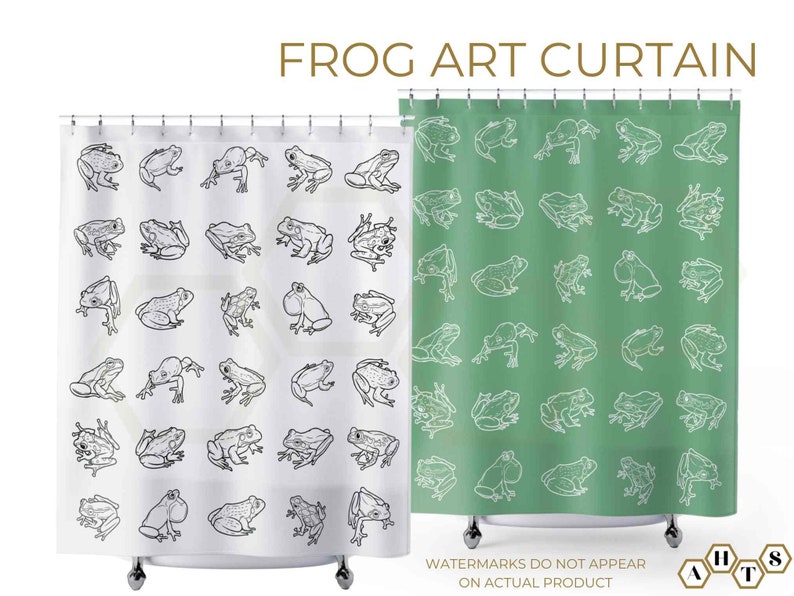 May include: Two shower curtains with a repeating pattern of white outline frogs on a green and white background. The text "FROG ART CURTAIN" is at the top of the image. The text "WATERMARKS DO NOT APPEAR ON ACTUAL PRODUCT" is at the bottom of the image.