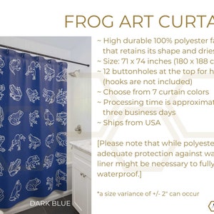 May include: Dark blue shower curtain with a white frog pattern. The curtain is 71 inches by 74 inches (180 cm by 188 cm).