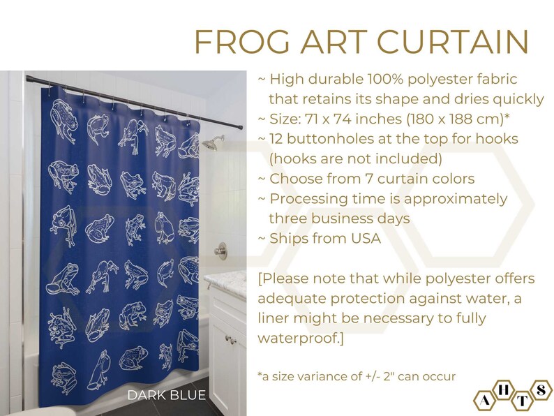 May include: Dark blue shower curtain with a white frog pattern. The curtain is 71 inches by 74 inches (180 cm by 188 cm).