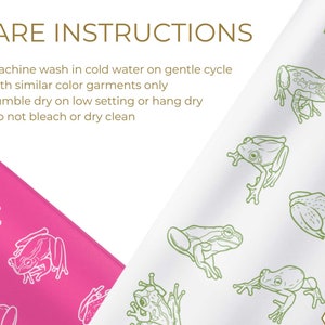 May include: Care instructions for a fabric item with a pink and white background. The instructions are: Machine wash in cold water on gentle cycle with similar color garments only. Tumble dry on low setting or hang dry. Do not bleach or dry clean.
