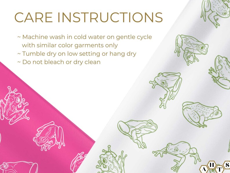 May include: Care instructions for a fabric item with a pink and white background. The instructions are: Machine wash in cold water on gentle cycle with similar color garments only. Tumble dry on low setting or hang dry. Do not bleach or dry clean.