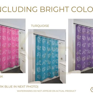 May include: Three shower curtains with frog designs. The curtains are in hot pink, turquoise, and purple. The text "INCLUDING BRIGHT COLORS" is at the top of the image. The text "HOT PINK", "TURQUOISE", and "PURPLE" are below each curtain. The text "(SEE DARK BLUE IN NEXT PHOTO)" is below the curtains. The text "WATERMARKS DO NOT APPEAR ON ACTUAL PRODUCT" is at the bottom of the image.