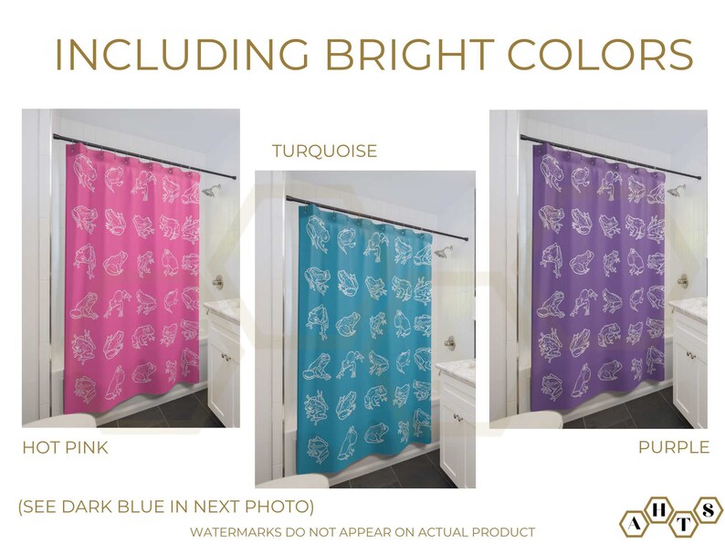 May include: Three shower curtains with frog designs. The curtains are in hot pink, turquoise, and purple. The text "INCLUDING BRIGHT COLORS" is at the top of the image. The text "HOT PINK", "TURQUOISE", and "PURPLE" are below each curtain. The text "(SEE DARK BLUE IN NEXT PHOTO)" is below the curtains. The text "WATERMARKS DO NOT APPEAR ON ACTUAL PRODUCT" is at the bottom of the image.