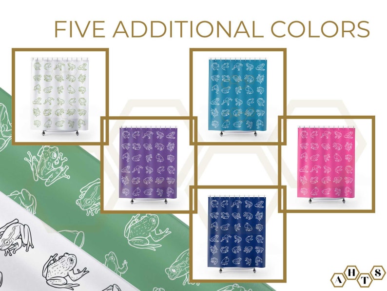 May include: Five different color shower curtains with a white outline of frogs on a colored background. The colors are green, purple, blue, pink, and light blue.