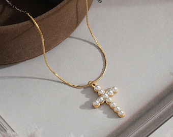 Gold Pearl Cross Pendant, Sterling Silver Dainty Necklace
