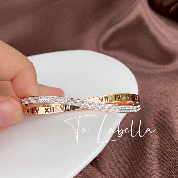 18k Rose Gold Roman Numeral  Zircon Crystals Bracelet Cuff ,Dainty Gold Thick Band, Minimalist Gold Bangle, Gift for her Cartier style