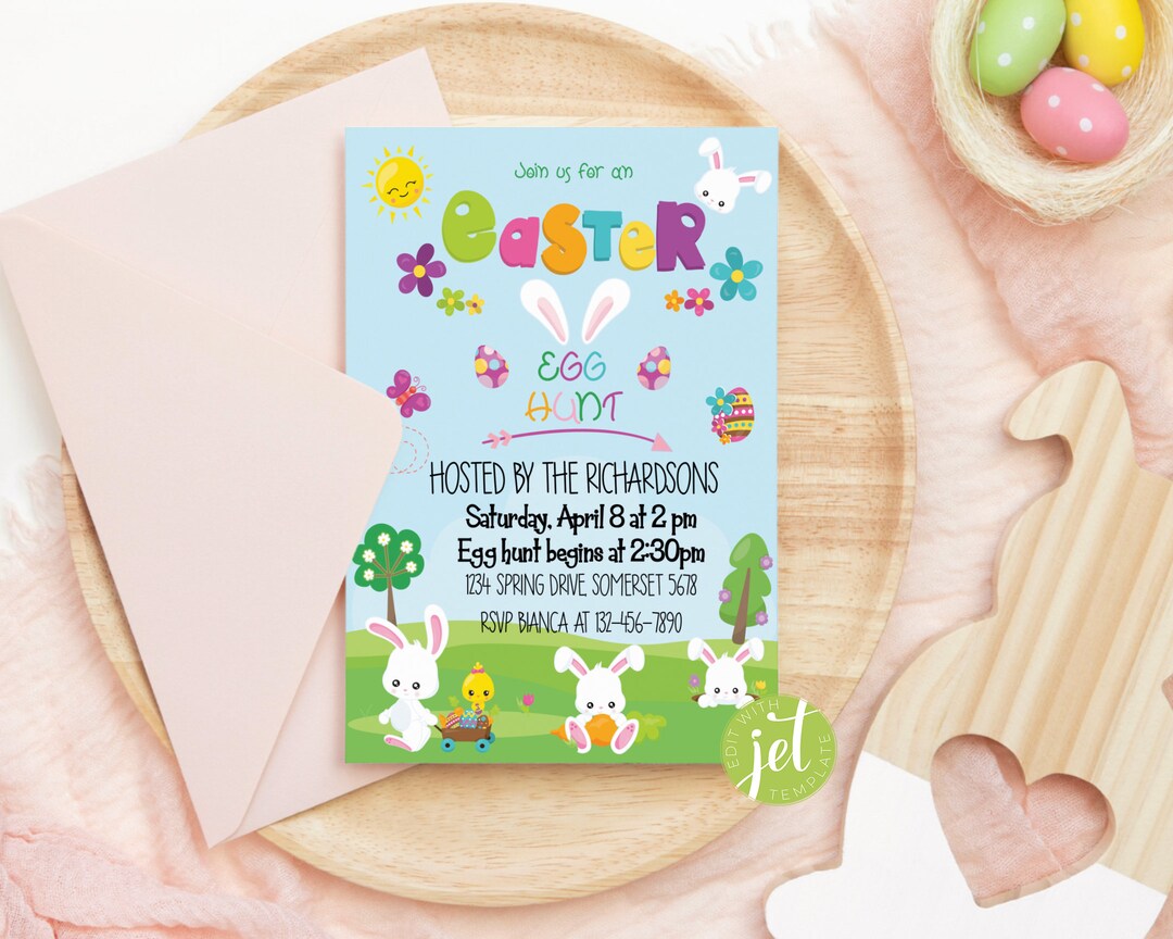 Editable Easter Egg Hunt Invite Blue, Egg Hunt Party, Easter Kids Egg