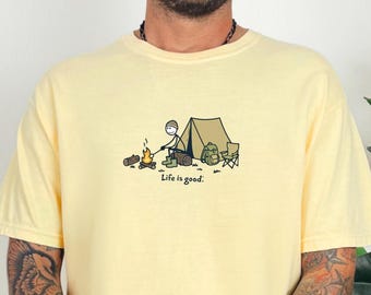 Camping Scene Life Is Good shirt | Tent Campfire Illustration T-Shirt