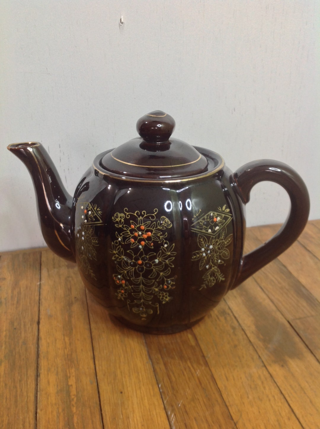Antique Brown Handpainted Teapot Etsy