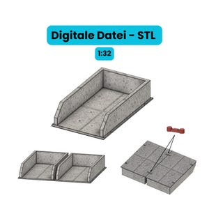 May include: A 3D rendering of a model kit with the text "Digitale Datei - STL" and "1:32". The kit includes a ramp, two small boxes, and a square base with a red connector.