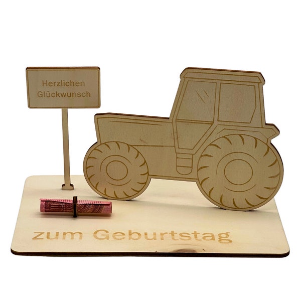 Geldgeschenk Trecker - Geschenk aus Holz, Bauernhof, Traktor, Personalisierbar