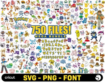 Pokemon Svg Mega Bundle, Pokemon Png de alta calidad, Pokémon Svg para Cricut, archivos de corte en capas, fuente de Pokemon, imágenes prediseñadas y pegatinas, instantánea