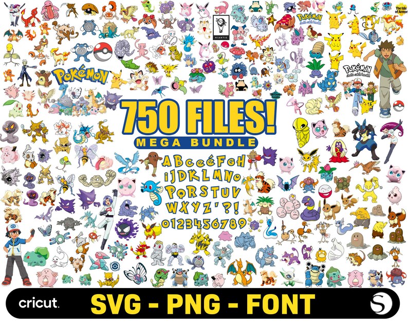 Pokemon Svg Mega Bundle, Pokemon Png de alta calidad, Pokémon Svg para Cricut, archivos de corte en capas, fuente de Pokemon, imágenes prediseñadas y pegatinas, instantánea imagen 1