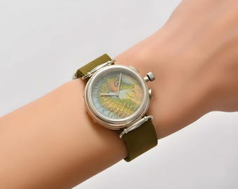 Reloj de mujer Seahorse pintado a mano, reloj de lujo de cuero genuino, reloj analógico de piedras preciosas, reloj de cuarzo de piedra de zafiro, regalo de aniversario