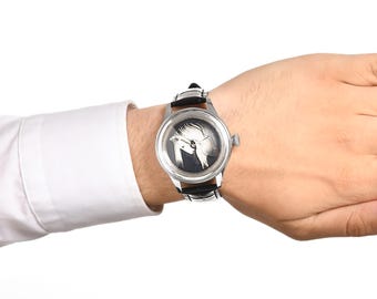 Luxury Micro Hand Painted Horse Watch, Genuine Leather Luxury Men Watch, Elegant Animal Wristwatch, Handmade Analog Watch, Anniversary Gift