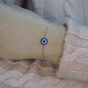 Dainty Evil Eye Women Bracelet, 14K Gold Turkish Eye Bracelet, Genuine Blue Sapphire and Diamond Bracelet, Gemstone Jewelry, Women Gift