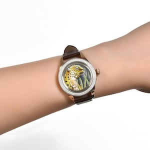Elegant Leopard Watch, Genuine Diamond Luxury Women Watch, Micro Hand Painted Animal Wristwatch, Genuine Leather Watch, Mother Gift