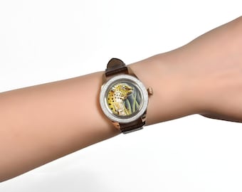 Elegante orologio leopardato, autentico orologio da donna di lusso con diamanti, micro orologio da polso con animali dipinti a mano, orologio in vera pelle, regalo per la mamma
