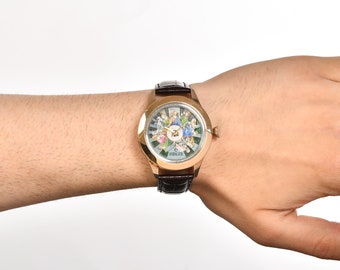 Stunning Hand Painted Leonardo da Vinci Watch, Genuine Leather Unisex Watch, Handmade Luxury Watch, Analog Watch, Husband Gift