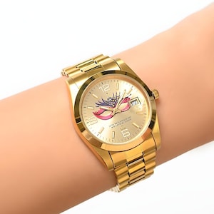 Micro Hand Painted Mask Women Watch, Stainless Still Golden Watch, Masked Ball Design Luxury Watch, Elegant Analog Wristwatch, Unique Gift
