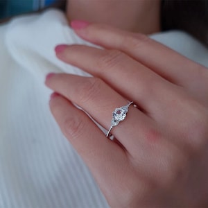 White Sapphire Solitaire Ring, 8K Gold Engagement Ring, Diamond Pave Promise Ring, Luxury Jewelry, Gemstone Proposal Ring, Wife Gift