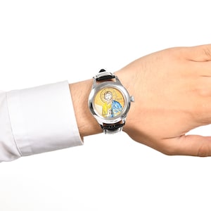 Micro Mosaics Hand Painted Jesus Watch, Stainless Still Religious Unisex Watch, Genuine Leather Analog Watch, Luxury Gift