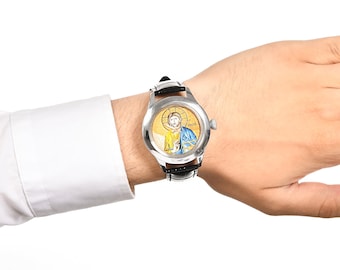 Orologio con Gesù dipinto a mano con micromosaici, orologio unisex religioso in acciaio inossidabile, orologio analogico in vera pelle, regalo di lusso