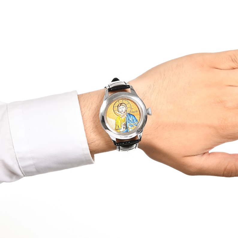 Micro Mosaics Hand Painted Jesus Watch, Stainless Still Religious Unisex Watch, Genuine Leather Analog Watch, Luxury Gift image 1