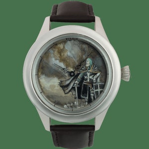 Genuine Leather Men Watch, Stainless Still Hand Painted Watercolor Knight Watch, Handmade Analog Watch, Elegant Wristwatch, Luxury Gift image 1