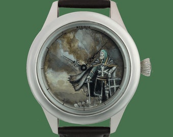 Echt leren herenhorloge, roestvrij nog steeds handgeschilderd aquarel ridderhorloge, handgemaakt analoog horloge, elegant polshorloge, luxe cadeau