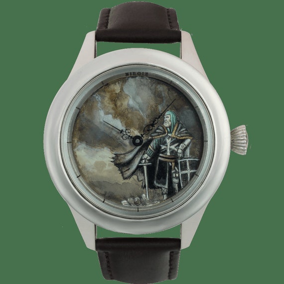 Genuine Leather Men Watch, Stainless Still Hand Painted Watercolor Knight Watch, Handmade Analog Watch, Elegant Wristwatch, Luxury Gift