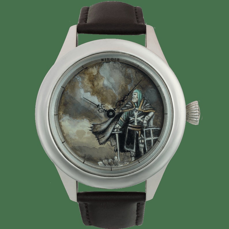 Genuine Leather Men Watch, Stainless Still Hand Painted Watercolor Knight Watch, Handmade Analog Watch, Elegant Wristwatch, Luxury Gift image 1