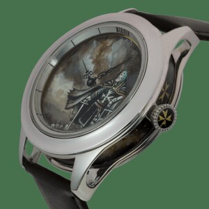 Genuine Leather Men Watch, Stainless Still Hand Painted Watercolor Knight Watch, Handmade Analog Watch, Elegant Wristwatch, Luxury Gift image 2