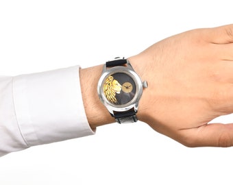 Orologio unisex con leone fatto a mano, orologio da polso impermeabile in acciaio inox con animale immobile, orologio di lusso in vera pelle, orologio analogico con il segno del Leone, regalo per uomo