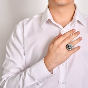 Stunning Wolf Signet Ring, 24K Gold Hand Painted Animal Men Ring, Black Diamond Statement Ring, Gemstone Jewelry, Chunky Ring, Husband Gift