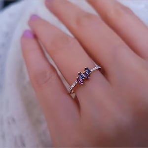 Natural Amethyst Baguette Ring, Genuine Iolite Women Ring, 14K Gold Dainty Diamond Statement Ring, Gemstone Jewelry, Anniversary Gift