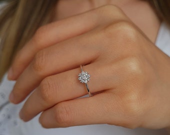 Floral Diamond Ring, Minimalist Baguette Ring, 14K Gold Statement Ring, Dainty Stackable Ring, Women Jewelry, Sister Gift, Girlfriend Gift