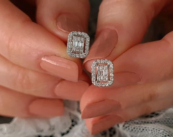 Elegant Baguette Diamonds Earrings, 14K Gold Geometric Earrings, Rectangle Earrings, Wedding Jewelry, Bridal Stud Earrings, Women Gift