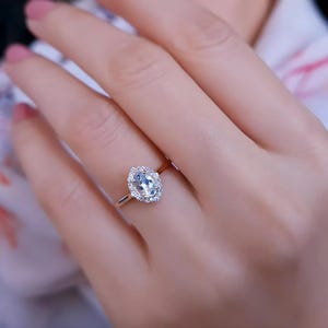 Bague de mariée fine aigue-marine, bague de fiançailles taille ovale, alliance en or 14 carats, bijoux en pierres précieuses, bague de promesse diamant, cadeau d'anniversaire