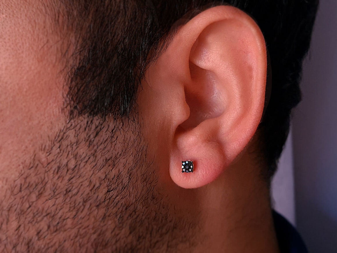Handmade Black Diamonds Men Earring 14K Gold Dainty Stud Etsy
