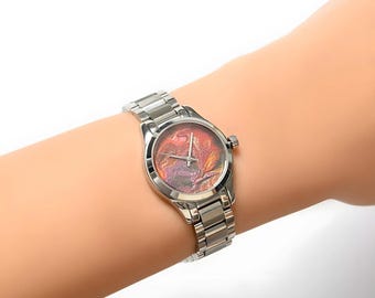 Abstract Artwork Women Watch, Colorful Micro Hand Painted Watch, Elegant Stainless Still Watch, Handmade Luxury Wristwatch, Wife Gift