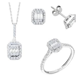 Baguette Diamonds Bridal Jewelry Set, 14K Gold Necklace Set, Women Stud Earrings, Elegant Engagement Ring, Luxury Jewelry Set, Women Gift