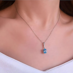 Collier pendentif topaze bleue de coupe ovale, collier en or pour femme avec diamants véritables, collier tendance avec pierres précieuses, collier de mariée élégant, cadeau femme