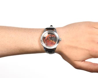 Stunning Micro Hand Painted Dragon Watch, Handmade Genuine Leather Wristwatch, Men Luxury Watch, Stainless Still Analog Watch, Husband Gift