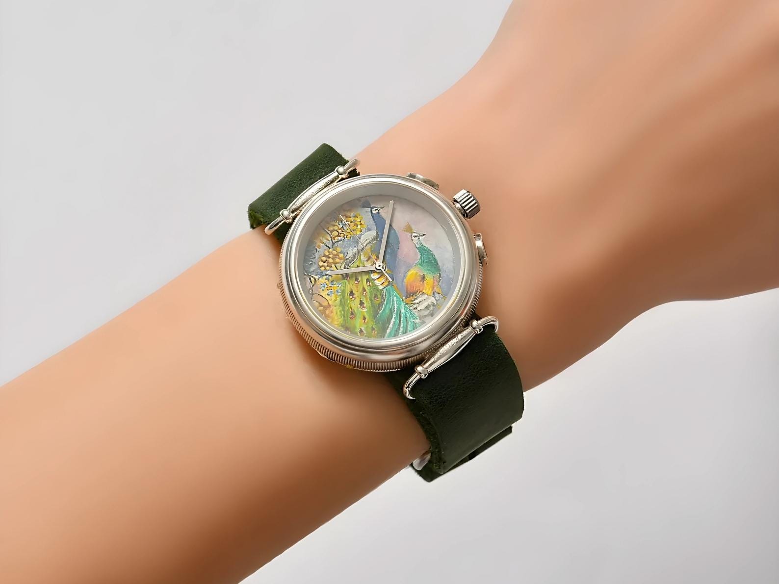孔雀柄のカラフルなレディース腕時計、ハンドマイクロペイントの高級腕時計、サファイアレザー腕時計、925スターリングシルバー腕時計、誕生日プレゼント
