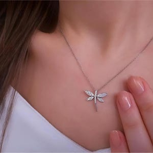Dainty Dragonfly Gold Necklace, 0.13ct Diamonds Insect Necklace, Minimalist Gemstone Necklace, Tiny Animal Necklace, Valentines Day Gift