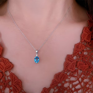 Oval Cut Blue Topaz Solitaire Necklace, Gemstone Women Gold Necklace, Elegant Diamond Pendant Necklace, Dainty Jewelry, Anniversary Gift