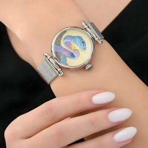 Wonderful Snake Painted Women Watch, Handmade Stainless Still Watch, Unique Design Acrylic Micro Painted Watch, Waterproof Watch, Women Gift